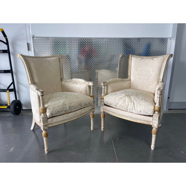 Judith Norman French Neoclassical Bergere Armchairs in Damask Fabric, a Pair, Gilt, Design Center of America For Sale In Naples, FL - Image 6 of 12