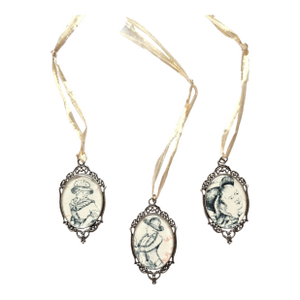 Indigo Toile Christmas Ornaments: Antique Fabric Cameos in Silver Plated Frames, Set of 3