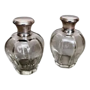 Art Deco Italian Crystal Toiletry Bottles and Silver Lid - a Pair