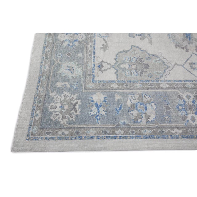 Modern Blue Floral Design Handwoven Wool Modern Turkish Oushak Rug 9'9" X 13'2" For Sale - Image 3 of 8