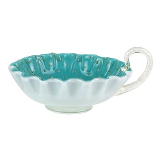 Murano Vintage Teal Green Gold Flecks Bubbles Italian Art Glass Crimped Rim Footed Bowl Dish For Sale