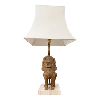 Thai Singha Lion Foo Dog Table Lamp in Gilt Bronze, Brass and Travertine, 1970s For Sale