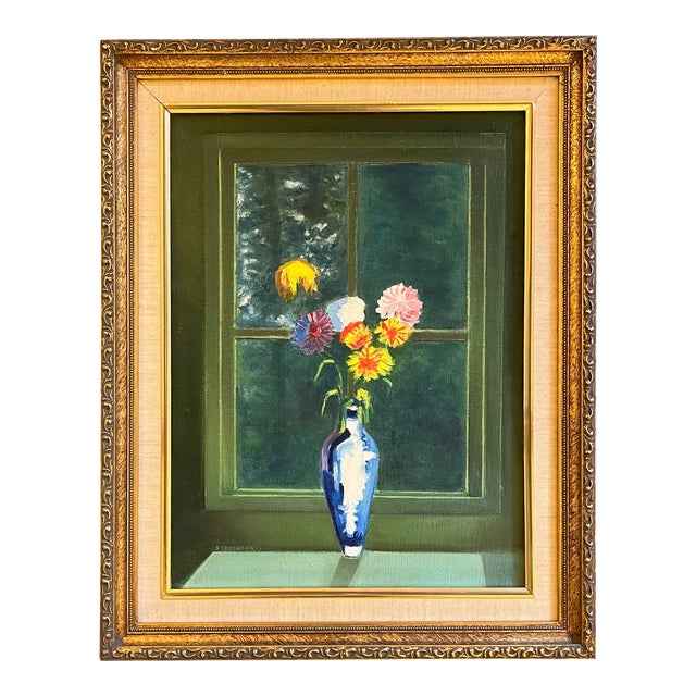 Oil Painting of Flowers in a Blue and White Vase For Sale