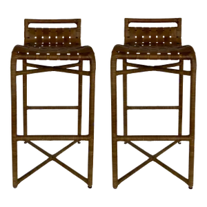 Baker / McGuire Organic Modern Raw Hide Crin Bar Stools Pair