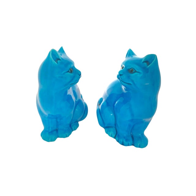 Chinoiserie Cat Figurines Pair Blue Porcelain Statue on Rosewood Bases Vintage Oriental Decor For Sale - Image 3 of 6