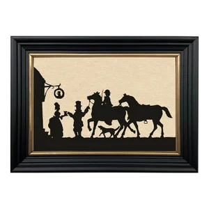 Two Hunters at an Inn Paper Cut Silhouette in Black Frame With Gold Trim