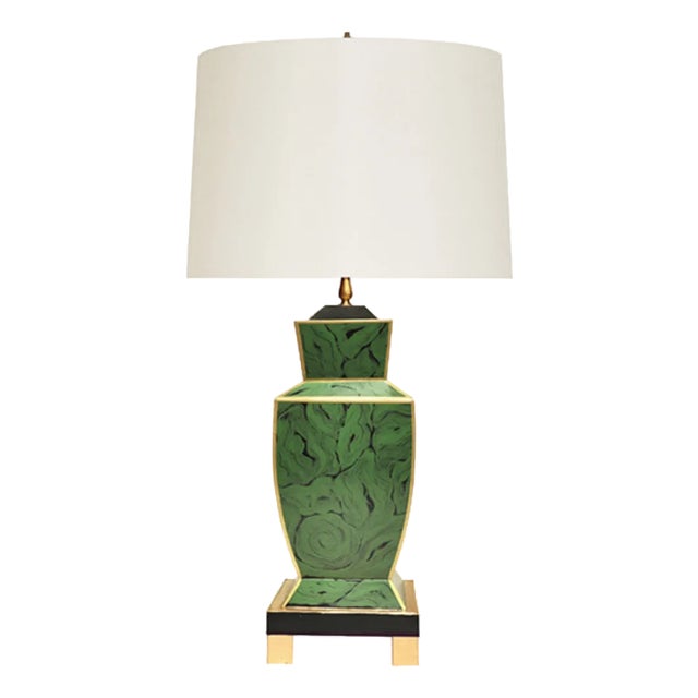 Matthew Izzo Home Bianca Handpainted Malachite Metal Tole Table Lamp With Brass Base and Linen Shade For Sale
