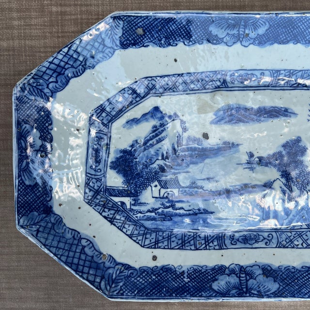 Chinoiserie Chinoiserie Cut Corner Plate With Village Motif For Sale - Image 3 of 5