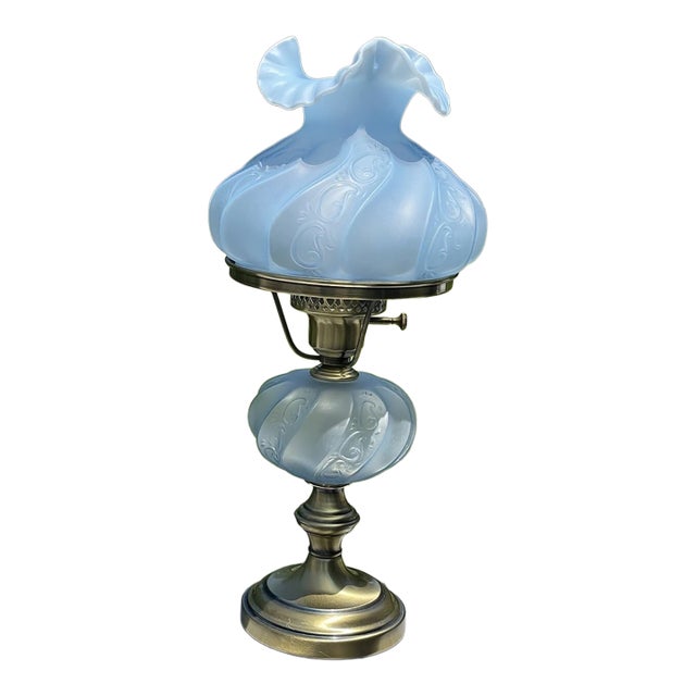 Rare Vintage Ice Blue Satin Frost Fenton Paisley Glass Table Lamp 20th C. For Sale