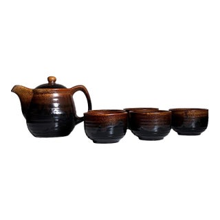 Vintage Japanese Stoneware Tea Service in Smoky Tenmoku Glaze — Set of 6 For Sale