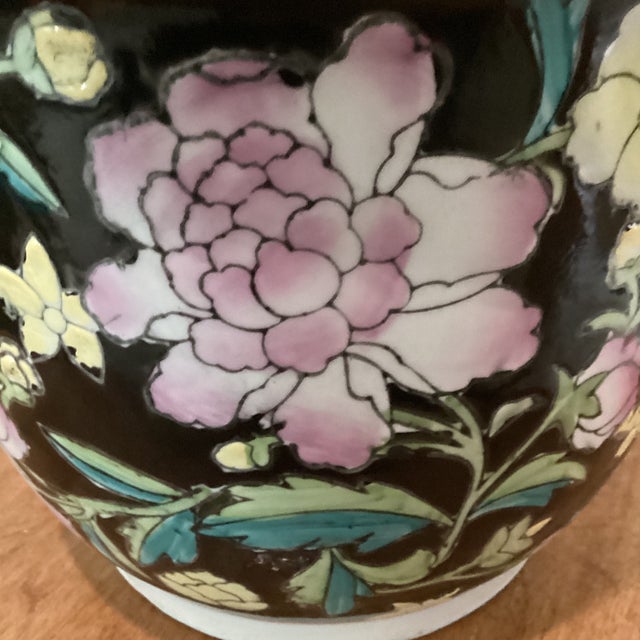 Ceramic Vintage Chinese Hand Painted Family Noire Porcelain Jardiniere/Cachepot For Sale - Image 7 of 12
