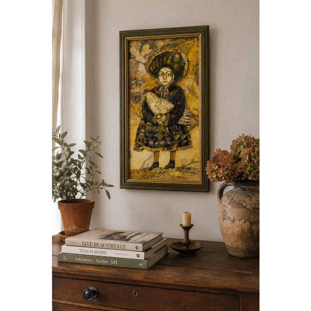 A wonderfully expressive contemporary mixed-media painting depicting a stylized woman in an oversized hat holding a bird....