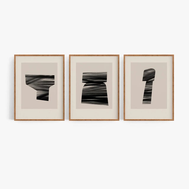 Set of 3 abstract 16"x20" size open edition giclee prints. Elegant geometric black objects on beige background. Printed on...