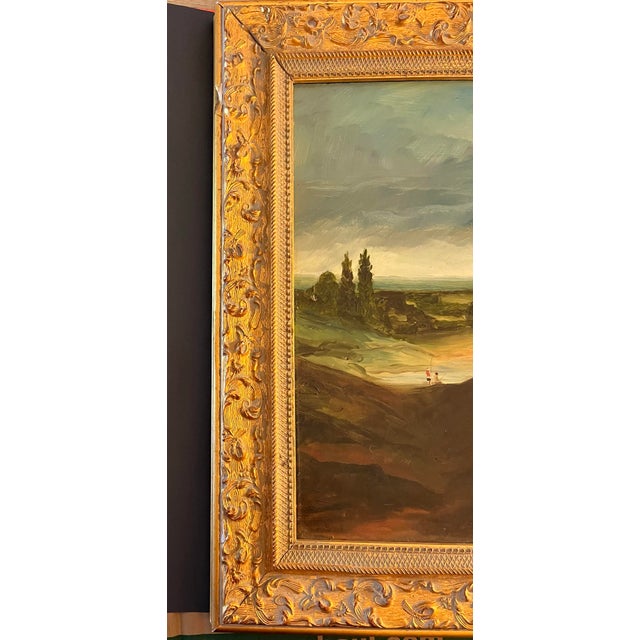 Wood Oil Painting of a French Landscape With Shepherd Playing a Flute and Leading Sheep… For Sale - Image 7 of 9
