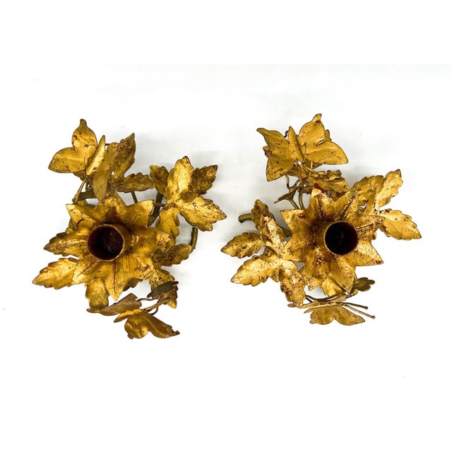 Baroque Vintage Italian Gold Gilt Tole Butterfly Candleholders, Pair, Hand-Formed Leaf & Vine Candlesticks - Hollywood Regency For Sale - Image 3 of 12