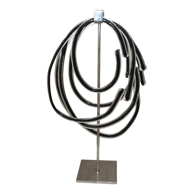 Hand Blown Glass Lasso Art Glass Sculpture W/ Chrome Stand For Sale