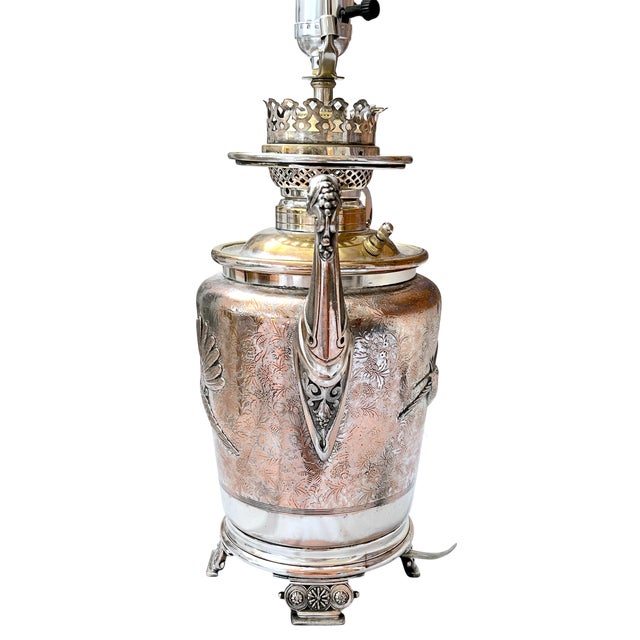 Antique Late 19th Century Silver-Plated Oil Lamp Converted to Table Lamp With Bird & Floral Decoration, 23" For Sale In Jacksonville, FL - Image 6 of 14