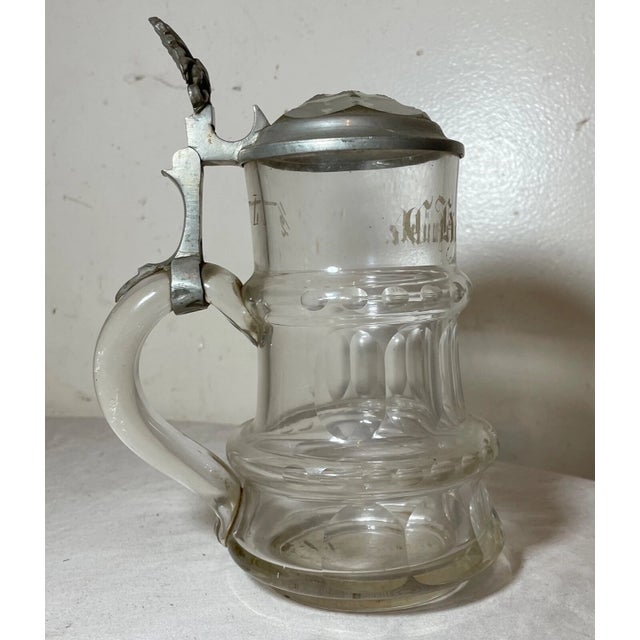 Metal Antique 19th Century Etched Clear Glass Pewter German Lidded Beer Stein Mug For Sale - Image 7 of 13