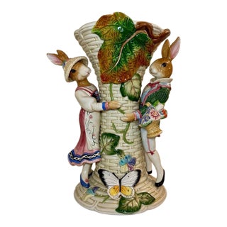 Mint Condition Vintage Fitz & Floyd "Old World Rabbits" 12" Ceramic Centerpiece Vase For Sale
