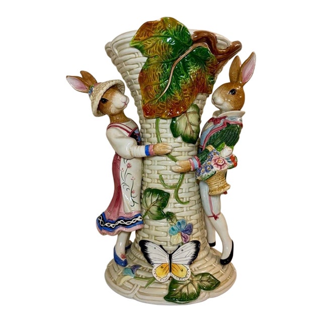Mint Condition Vintage Fitz & Floyd "Old World Rabbits" 12" Ceramic Centerpiece Vase For Sale