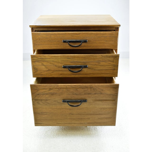 1950 A.Brandt Ranch Oak Small Night Stand Three Drawers Wrought Iron Hardware Dovetail Joinery For Sale - Image 9 of 12