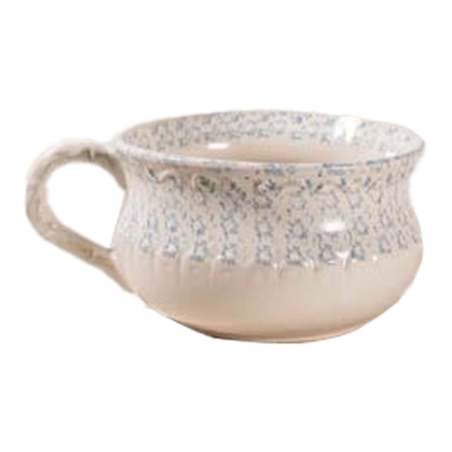 Antique Single Handle Cream + Pale Blue Spongeware Mixing Bowl For Sale