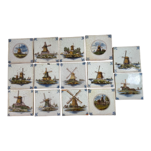 Set of 14 Antique Delft Tiles Windmill Scenes