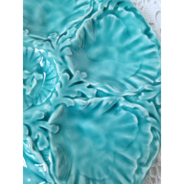 Ceramic Mid-Century French Gien Turquoise Aqua Blue-Green Glazed Oyster Plate For Sale - Image 7 of 7