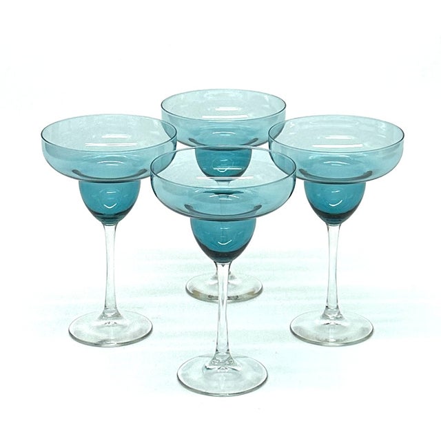 Mid-Century Modern Timeless Classic Teal Crystal Margarita Glasses - Set of 4 For Sale - Image 3 of 8
