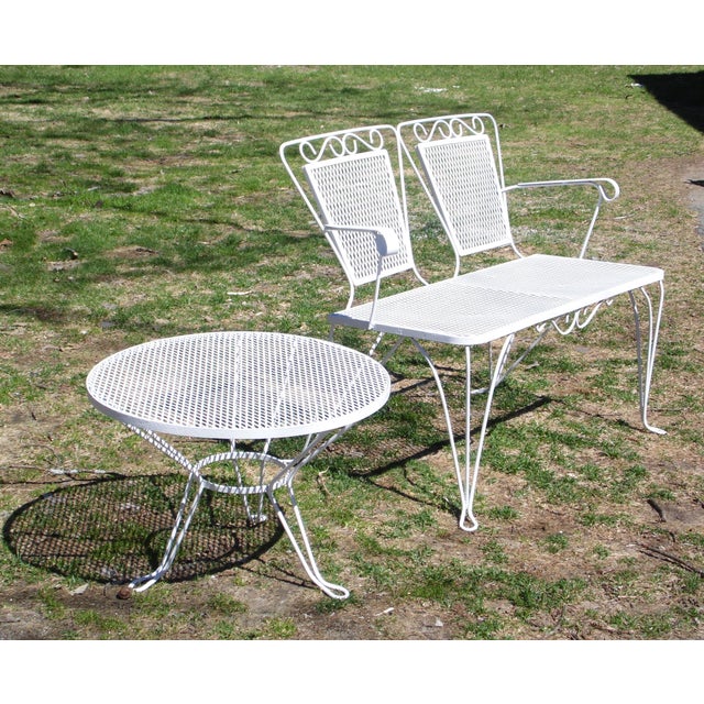 Vintage Mid Century Modern Wrought Iron Mesh 2 Piece Patio Settee Bench & Table Chairish