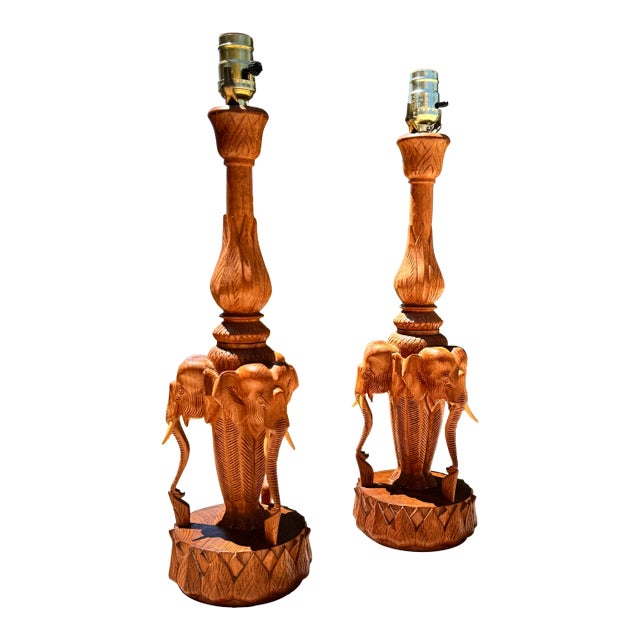 C. 1960s Mid Century Pair Carved Teakwood Elephant & Lotus Form Table Lamps For Sale