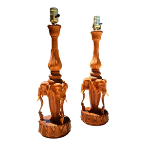 C. 1960s Mid Century Pair Carved Teakwood Elephant & Lotus Form Table Lamps