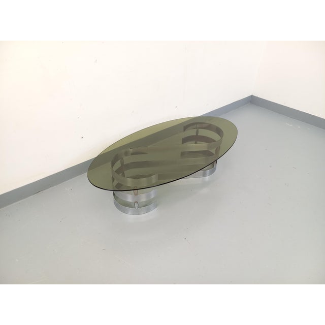Vintage Oval Coffee Table in Smoked Glass and Chrome Metal from the 1970s For Sale - Image 11 of 17