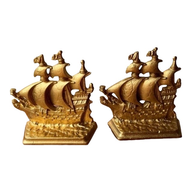 Antique Bronze Gilded Bookend Sailing Boat 1803 Galleon Time of Elizabeth Stamp For Sale