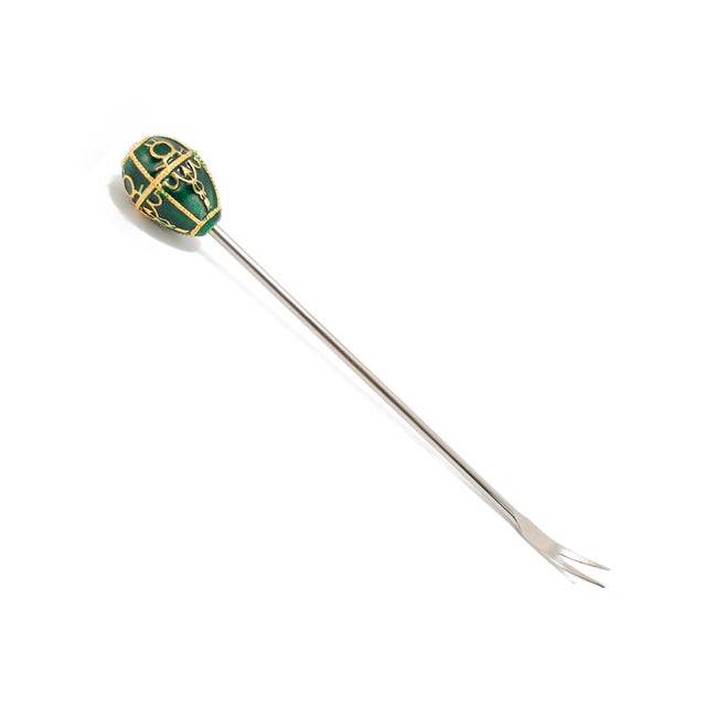 Modern Vintage Fabergé Imperial Collection Enameled Egg Set of 4 Topped Cocktail Forks For Sale - Image 3 of 11