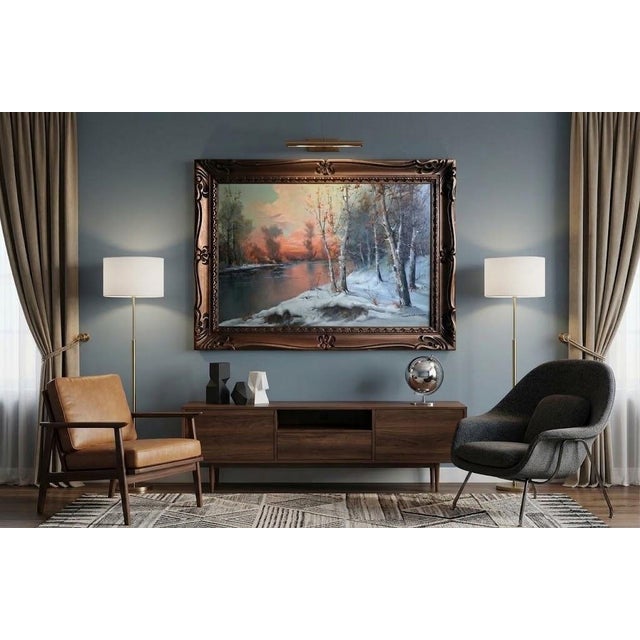 20th Century Winter River Sunset Landscape Oil Painting With Birches, Signed Cardi For Sale - Image 10 of 11