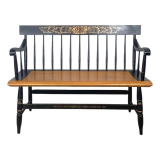 Vintage Hitchcock Style Stenciled Bench, Black & Gold Spindle Settee For Sale