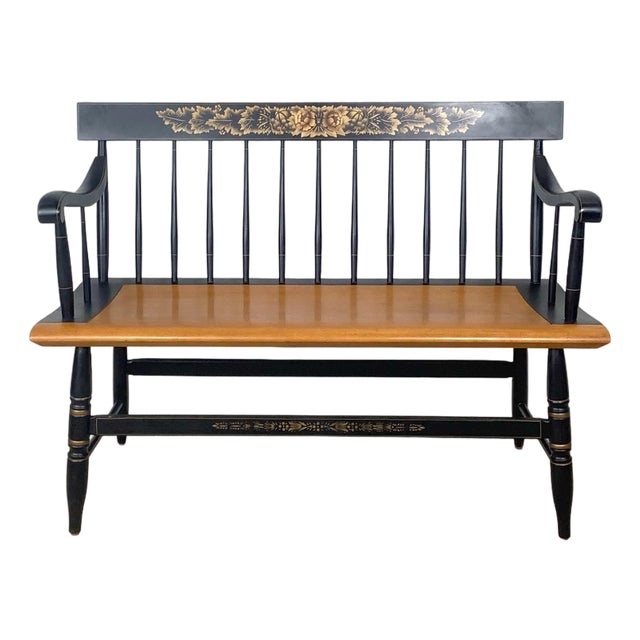Vintage Hitchcock Style Stenciled Bench, Black & Gold Spindle Settee For Sale