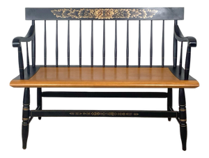 Vintage Hitchcock Style Stenciled Bench, Black & Gold Spindle Settee