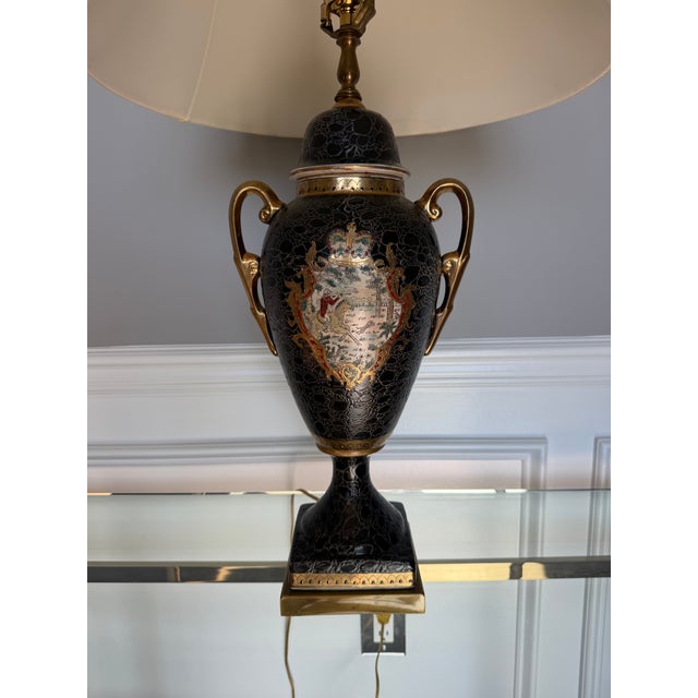 Vintage Remington Urn Table Lamp With Hunting Scene and Guilt Handles For Sale - Image 6 of 11