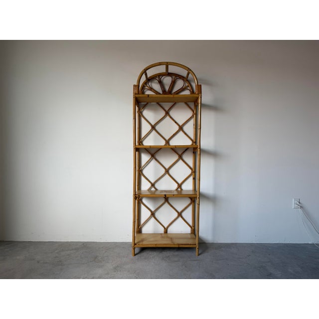 1970s Vintage Coastal Arched Top Rattan Étagère With Wood Shelves For Sale - Image 5 of 13