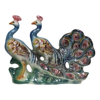 Italian Hand-Painted Ceramic Sculpture with Two Peacocks, 1960s For Sale