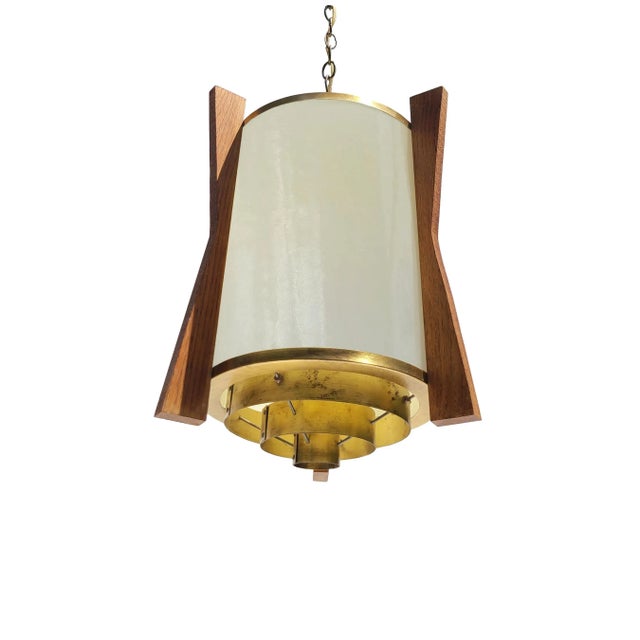 Brown Pair of Sanctuary Fin-Framed Drum 4-Light Chandelier Pendants With Brushed Brass Ring Diffusers For Sale - Image 8 of 11