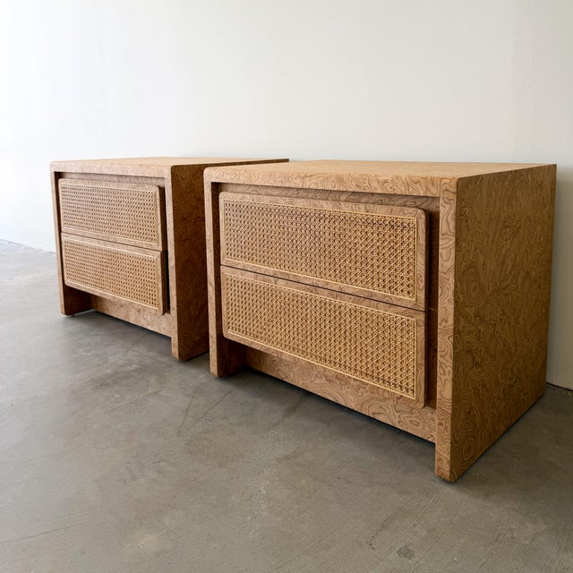 Wood 1970s Walnut Burlwood Nightstands With Cane Fronts MCM For Sale - Image 7 of 10