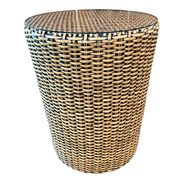 Vintage Woven Rattan Side Table For Sale