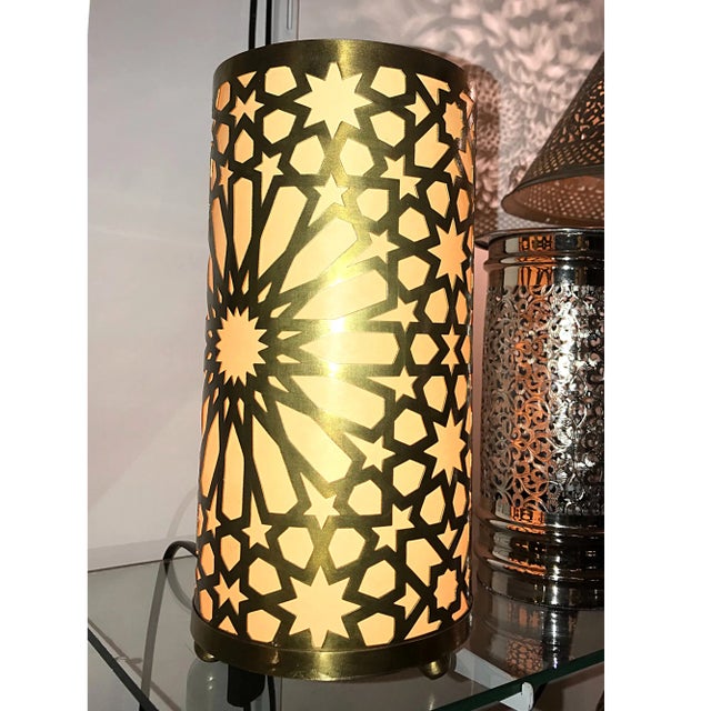 Contemporary Moroccan-Inspired Brass Floor Lamp With White Plastic Panel For Sale - Image 9 of 9