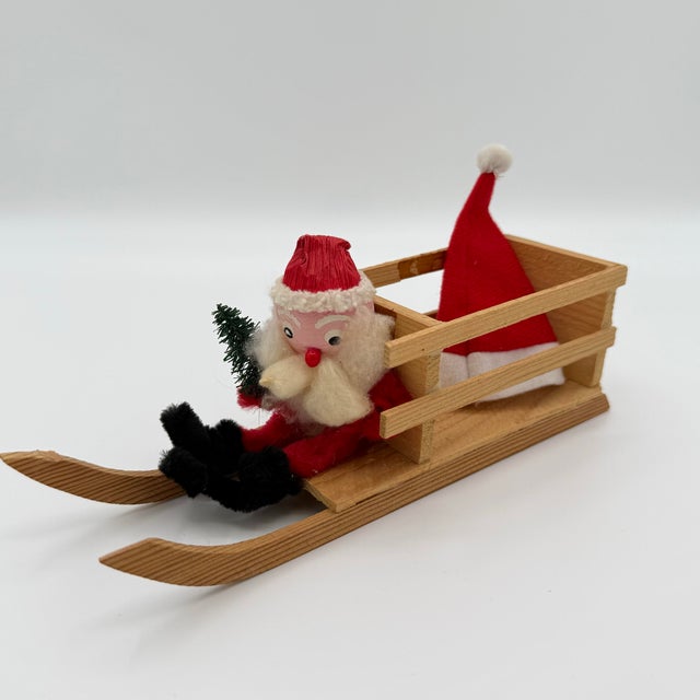 Paper Vintage 1950s German Santa in Wooden Sled – Paper-Mâché Head & Bottle Brush Tree, Erzgebirge Style For Sale - Image 7 of 7