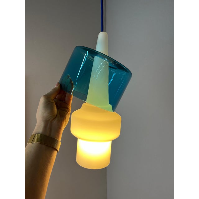 Blue and White Opal Glass Pendant Lamp by Hyllinge Glasbruk For Sale - Image 5 of 11