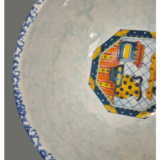 Vintage Large Italian Ceramic Pasta Bread Dough Bowl Blue Spongeware Rim For Sale - Image 10 of 11