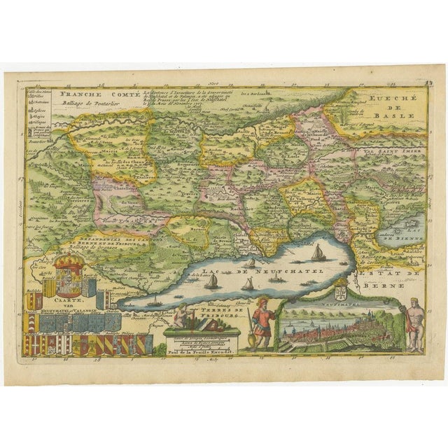 Antique Map of Neuchâtel & Lake Neuchâtel with Heraldry, 1706 For Sale - Image 10 of 10